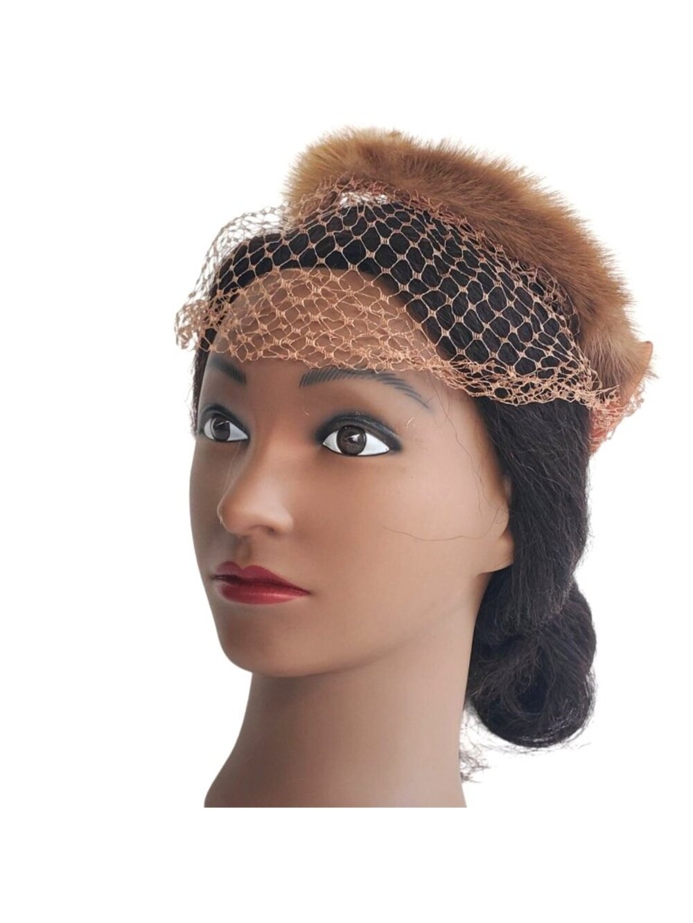 Pillbox Hat 1940s 50s Crochet Net Mink Fur Brown Satin Bow